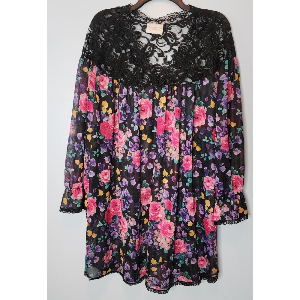 Woman Within Nightgown Women XL Black Floral Lace Trim Long Sleeve Vintage EXC